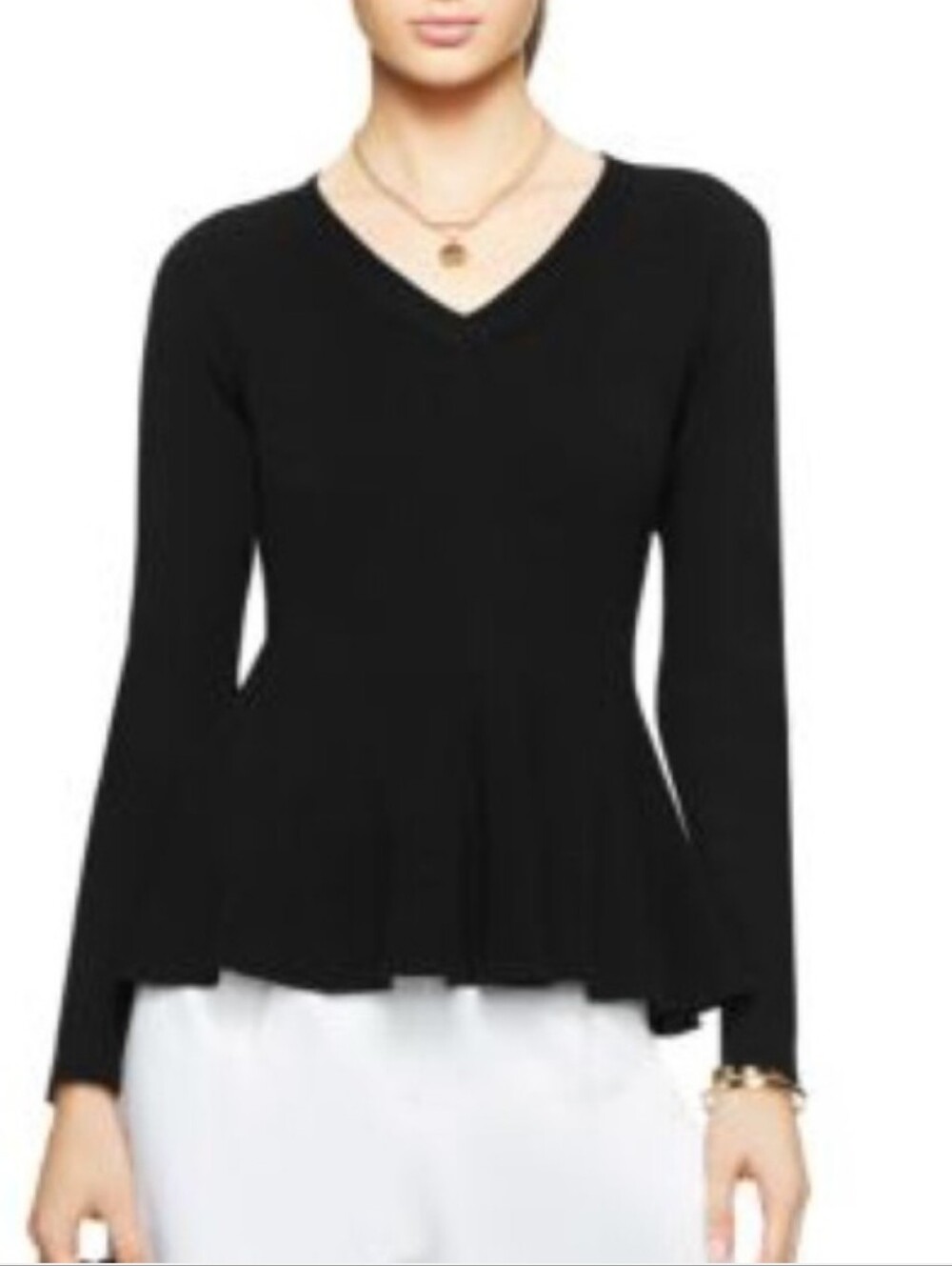 Kate Spade V-Neck Peplum Long Sleeve Sweater In Black Size Large